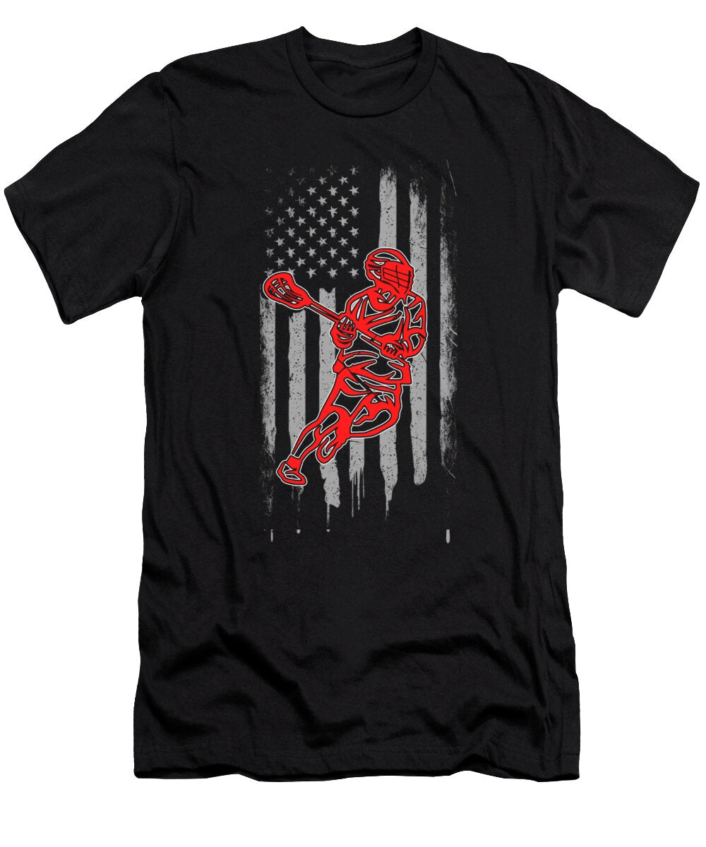 Lacrosse Gift Lacrosse Player on American Flag Lacrosse Player Kanig Designs T-Shirt