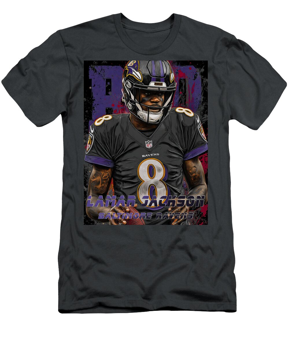 Lamar Jackson in Baltimore Ravens Uniform Kevin Walker and Pixel Reverie T-Shirt
