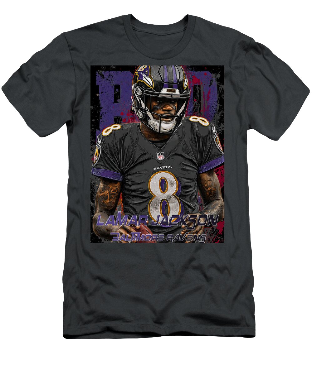 Lamar Jackson in Ravens Uniform Kevin Walker and Pixel Reverie T-Shirt