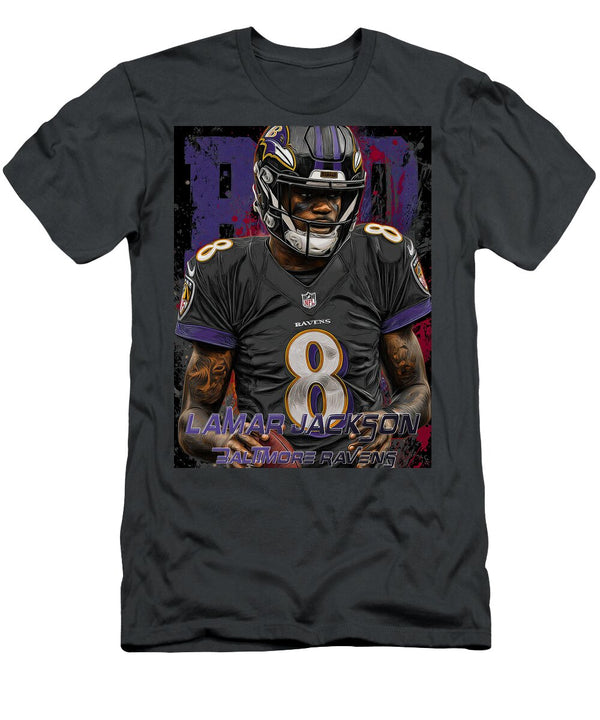 Lamar Jackson in Ravens Uniform Kevin Walker and Pixel Reverie T-Shirt