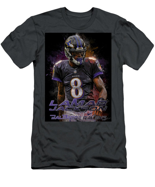 Lamar Jackson with Baltimore Ravens Kevin Walker and Pixel Reverie T-Shirt