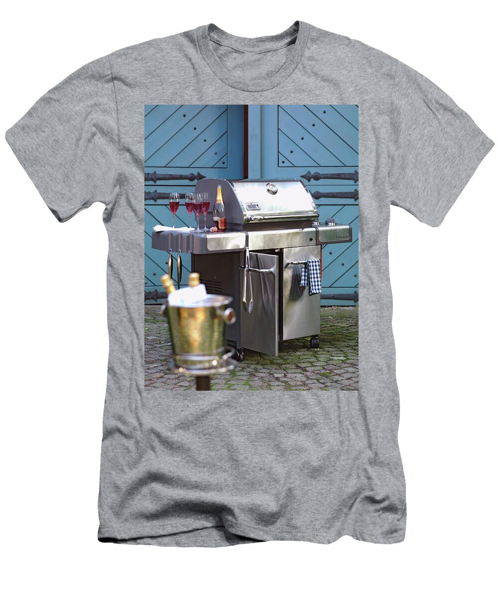 Large Stainless Steel Grill with Red Champagne Bottle and Glasses in Outdoors Kramp Glling Jalag T-Shirt