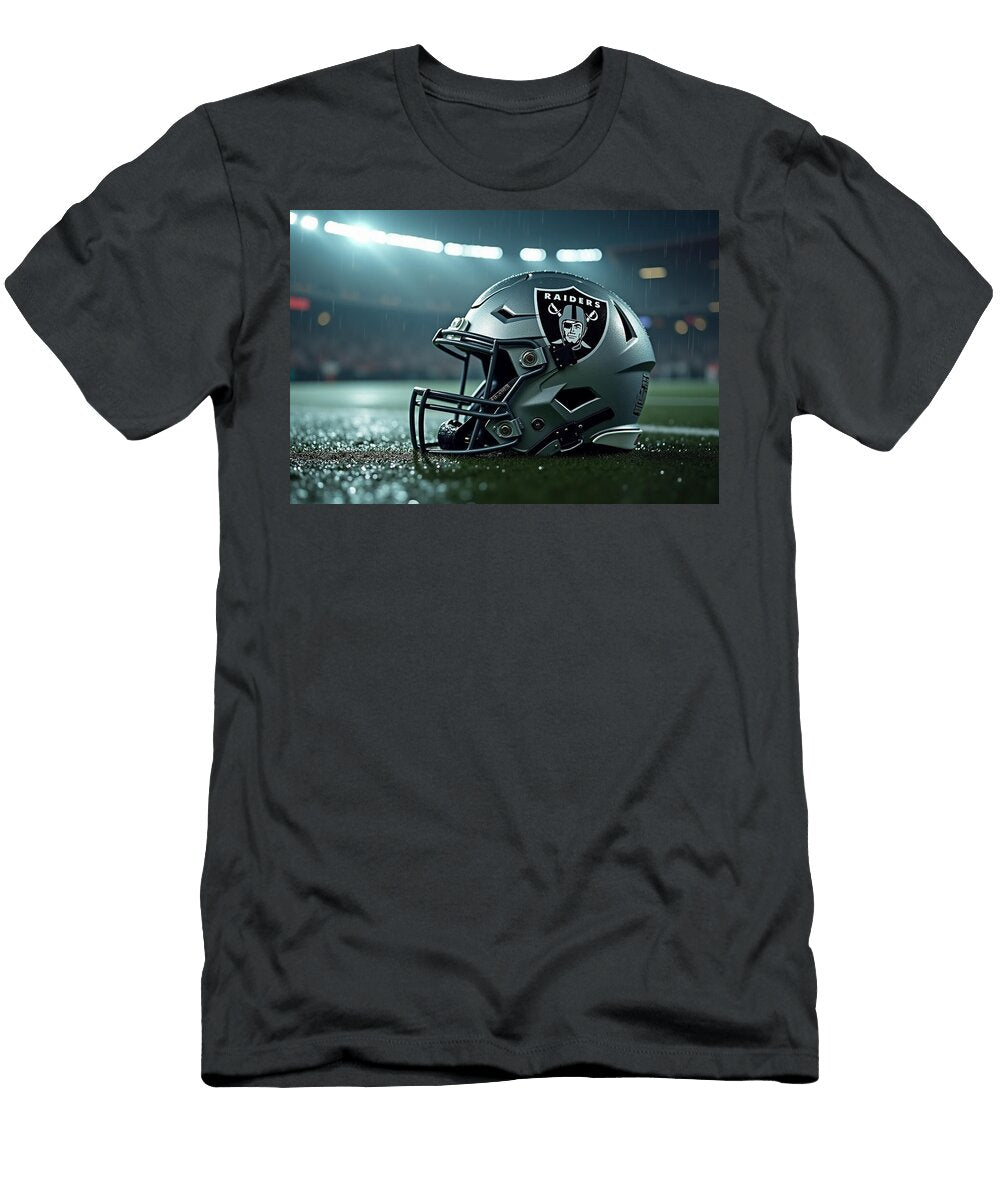 Las Vegas Raiders Football Helmet on Wet Field Kevin Walker and Pixel Reverie T-Shirt