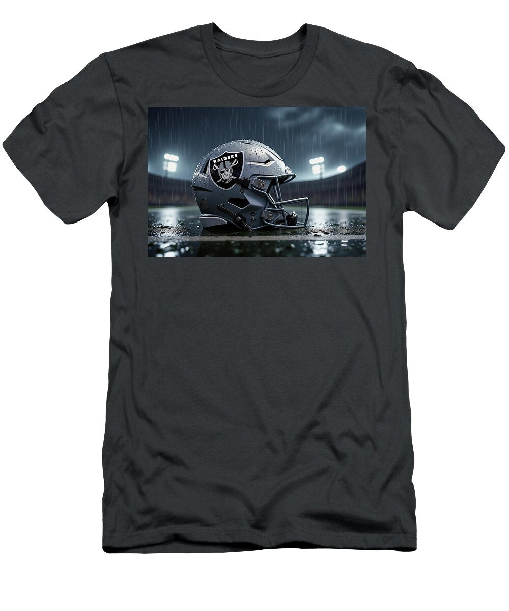Las Vegas Raiders Helmet on Rainy Field Kevin Walker and Pixel Reverie T-Shirt