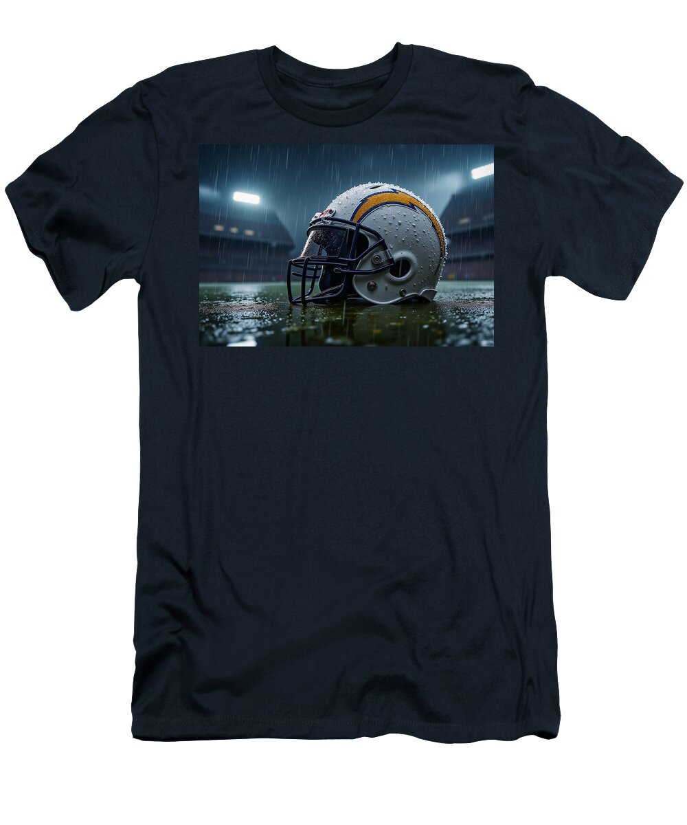 Los Angeles Chargers Helmet in Rainy Stadium Kevin Walker and Pixel Reverie T-Shirt