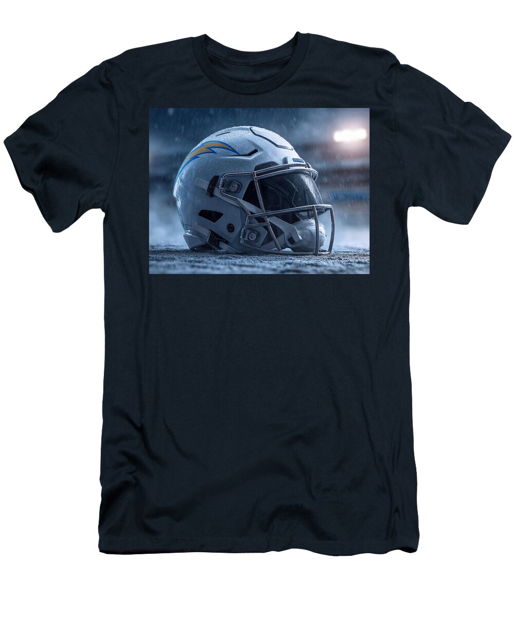 Los Angeles Chargers Helmet Under Rain Kevin Walker and Pixel Reverie T-Shirt