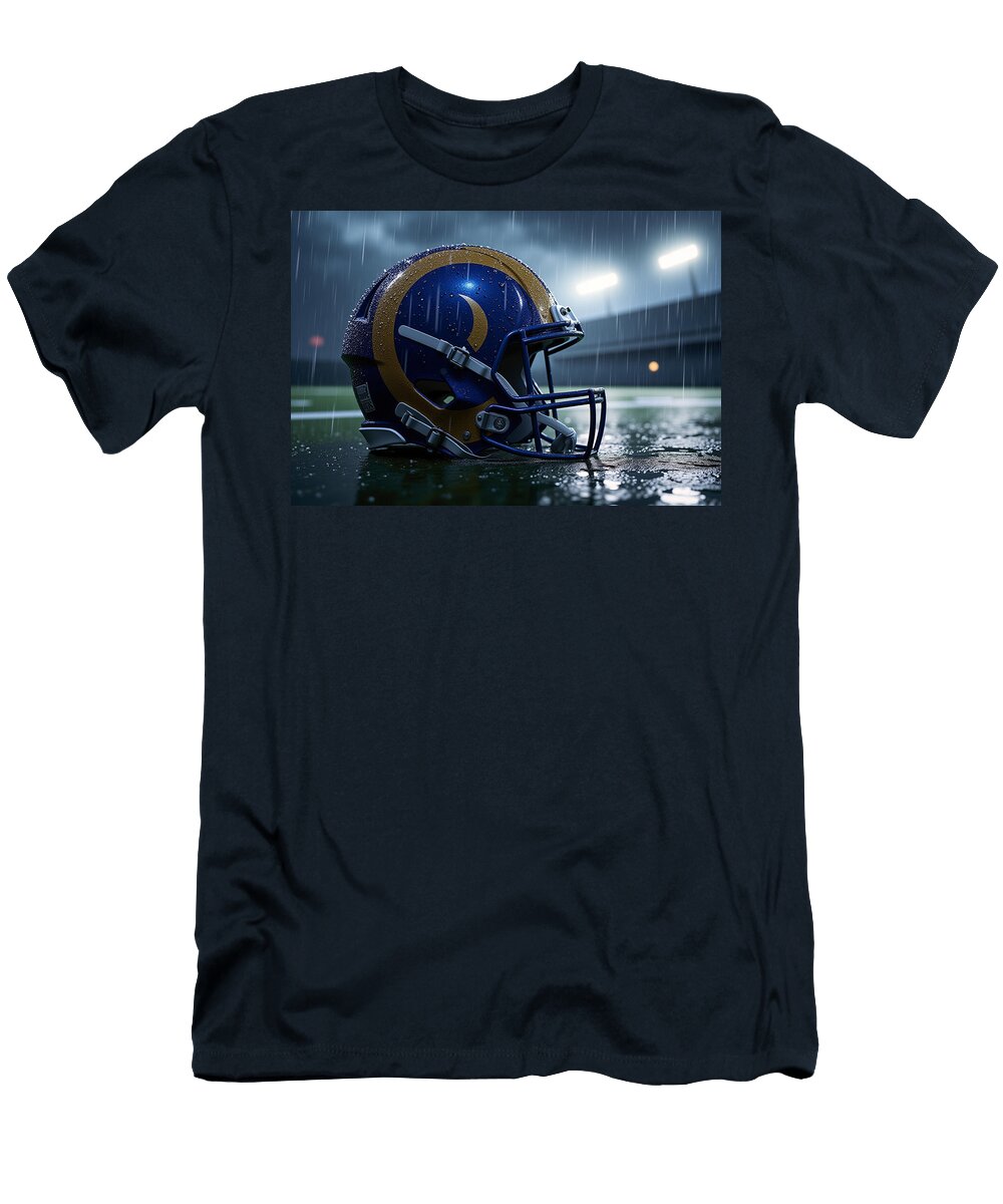 Los Angeles Rams Football Helmet Under Stadium Lights Kevin Walker and Pixel Reverie T-Shirt