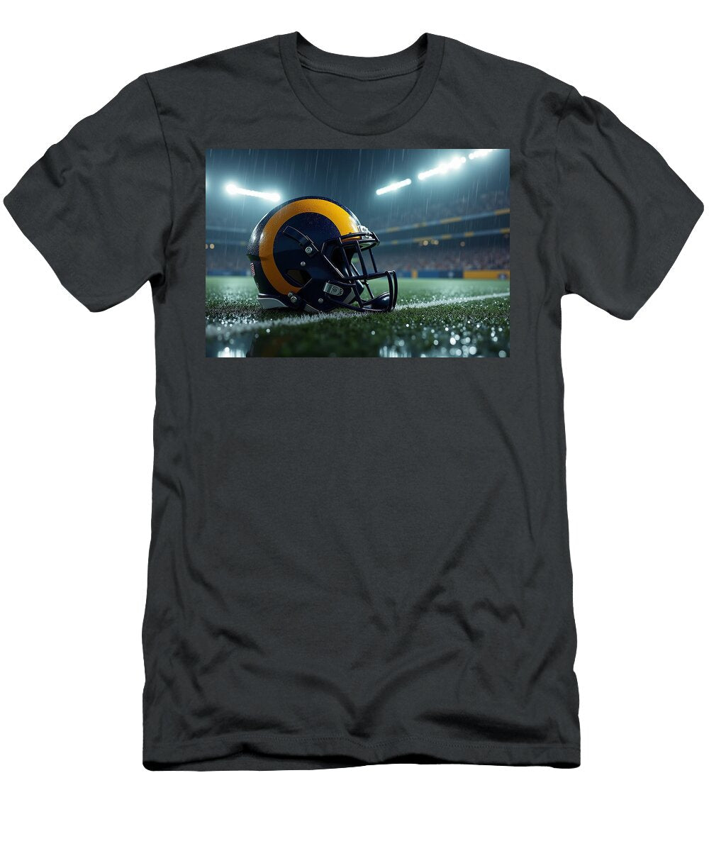 Los Angeles Rams Helmet on Wet Field Kevin Walker and Pixel Reverie T-Shirt