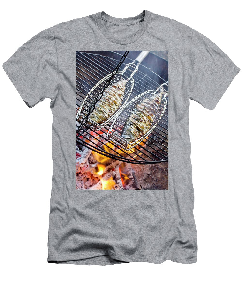 Mackerel in Fish Baskets on Grille Over Fire Pit Angela Francisca Endress T-Shirt