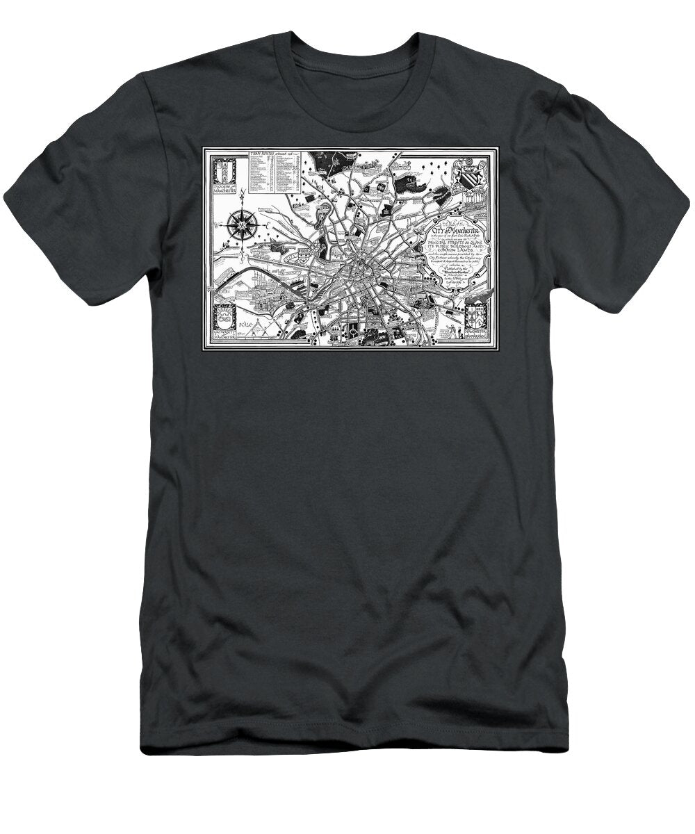Manchester England Vintage Map 1926 Black and White Carol Japp T-Shirt