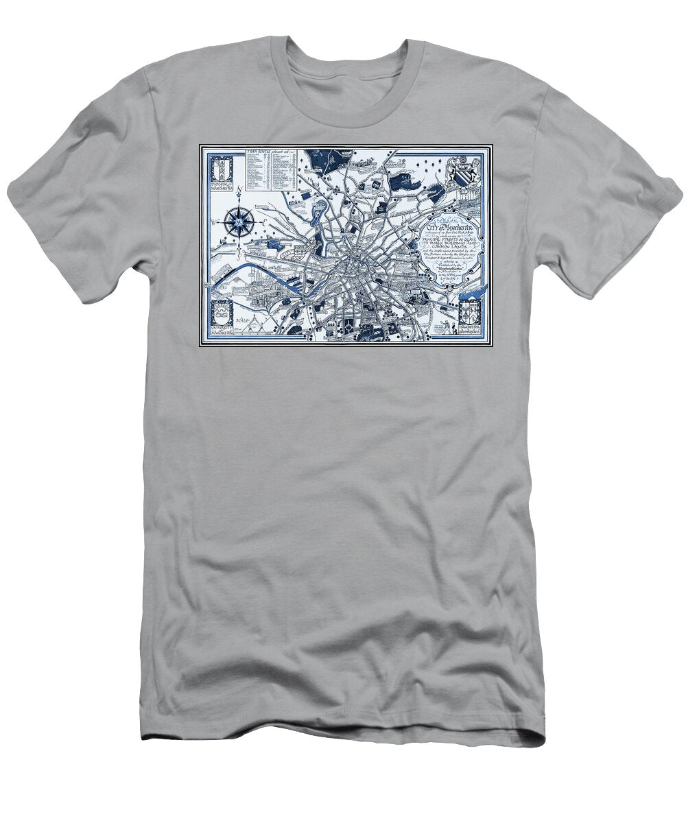 Manchester England Vintage Map 1926 Blue Carol Japp T-Shirt