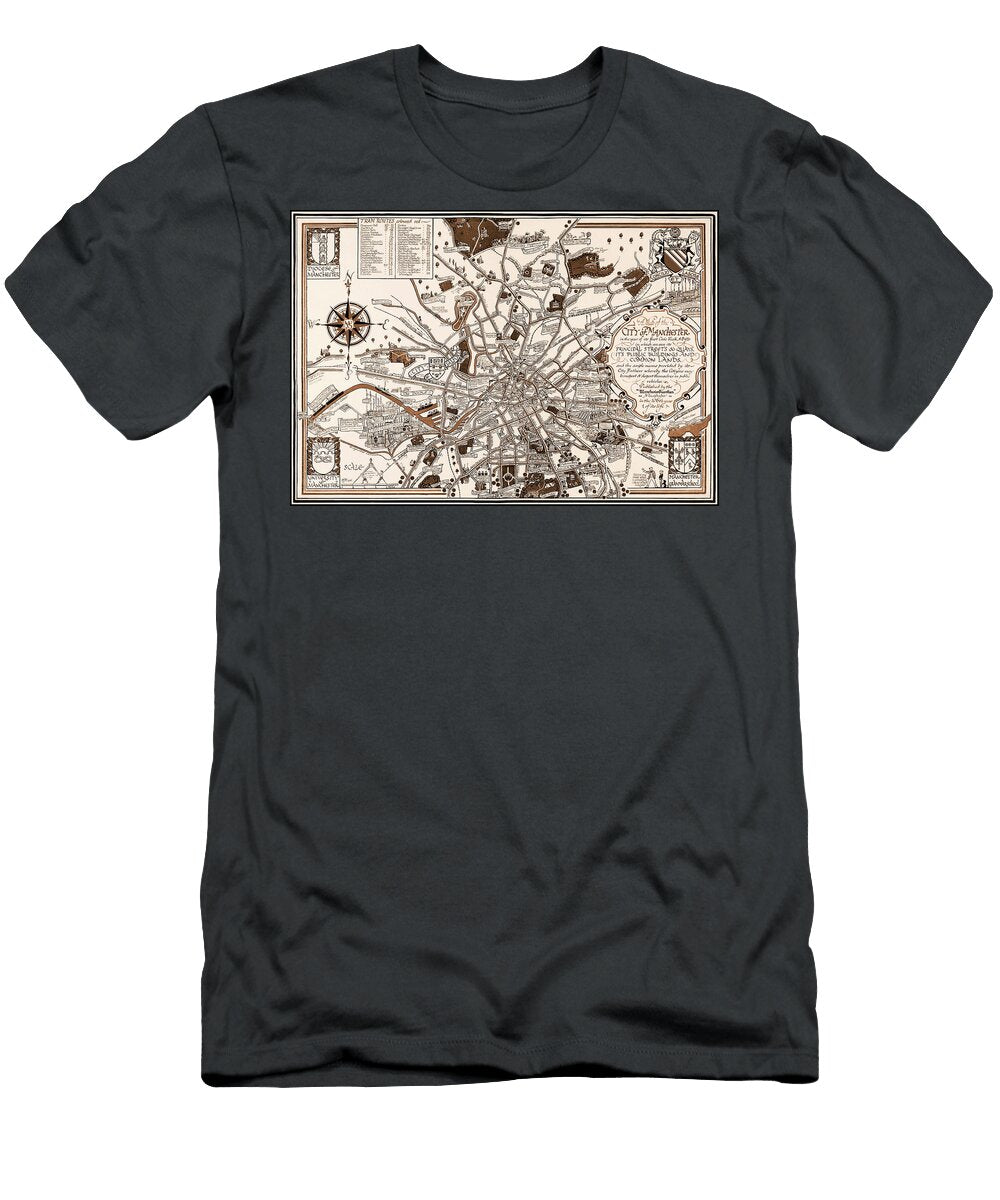 Manchester England Vintage Map 1926 Sepia Carol Japp T-Shirt