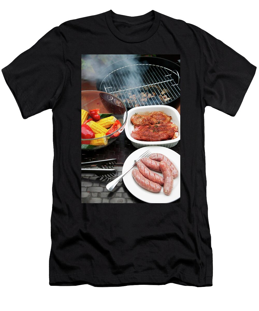 Marinated Pork Steaks Sausages and Vegetables in Front of a Hot Barbecue Food Experts Group T-Shirt