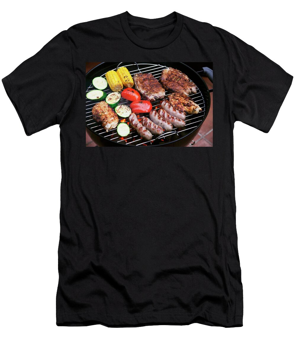 Marinated Pork Steaks Sausages and Vegetables on a Barbecue Food Experts Group T-Shirt