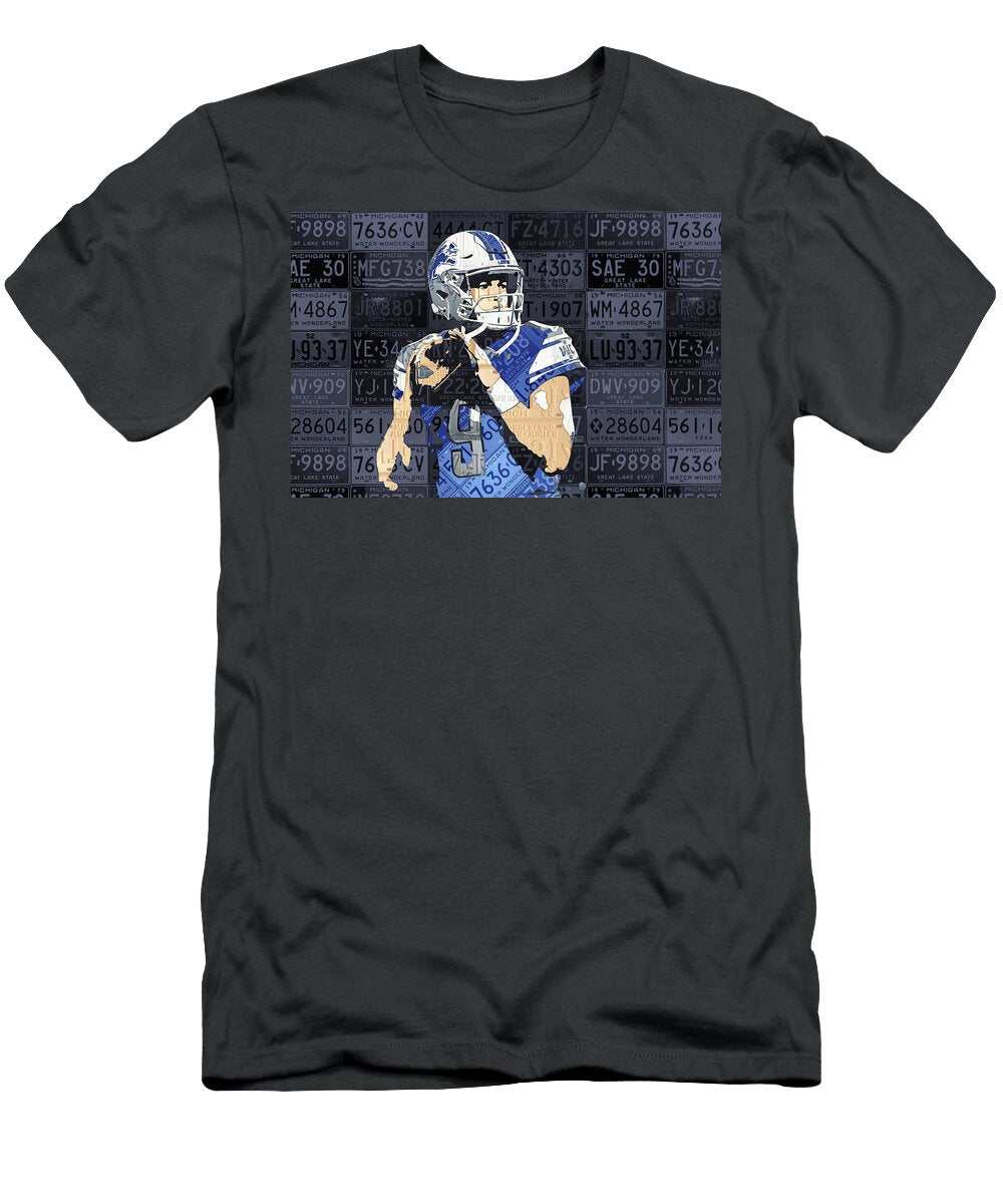 Matthew Stafford Detroit Lions Quarterback Recycled Michigan License Plates Art Portrait Design Turnpike T-Shirt