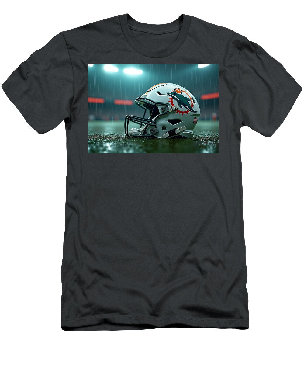 Miami Dolphins Football Helmet in Rain Kevin Walker and Pixel Reverie T-Shirt