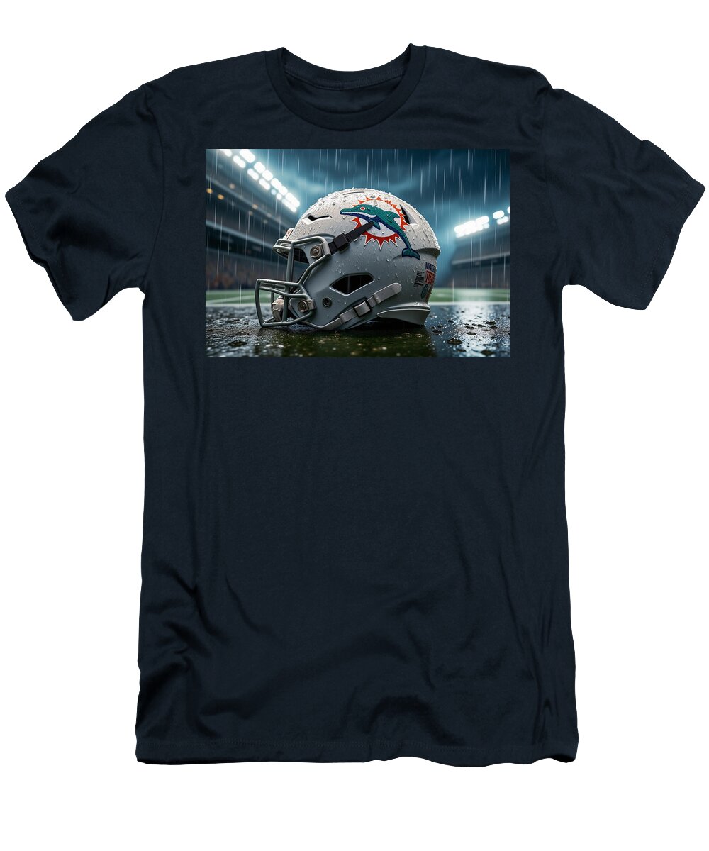 Miami Dolphins Helmet in the Rain Kevin Walker and Pixel Reverie T-Shirt