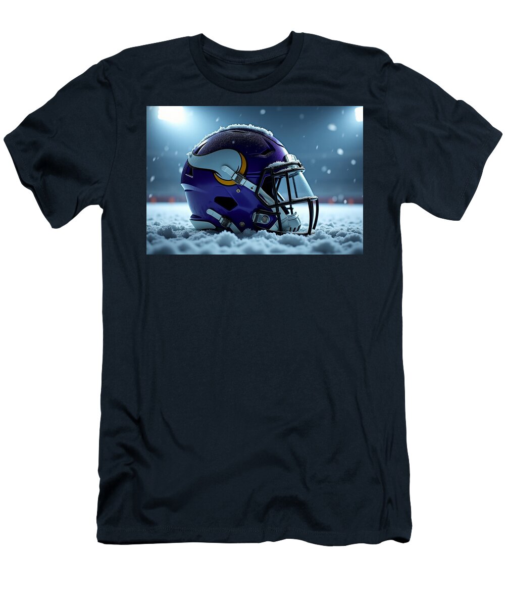 Minnesota Vikings Football Helmet in Snowy Stadium Kevin Walker and Pixel Reverie T-Shirt