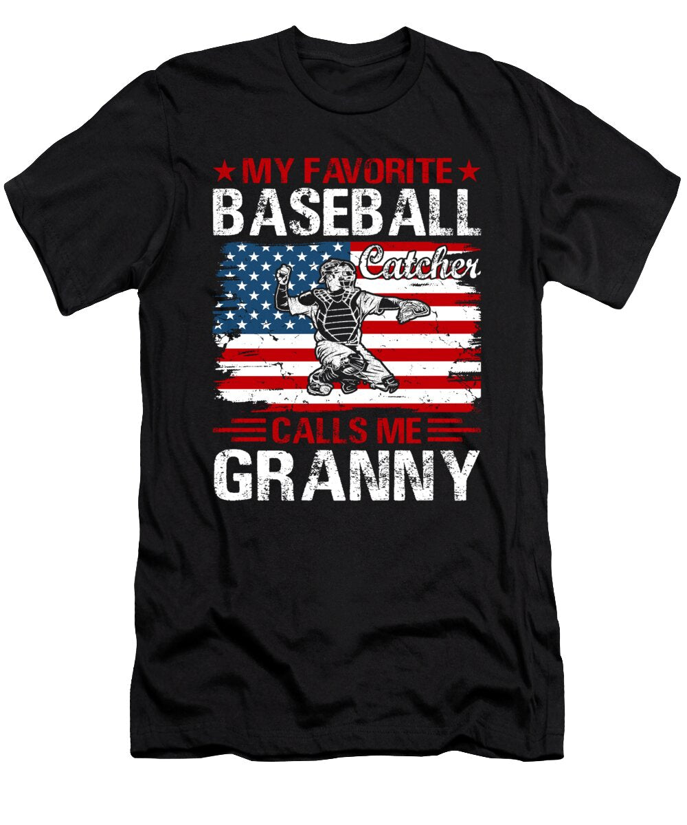 My Favorite Baseball Catcher Calls Me Granny Baseball USA Flag Dhbubble T-Shirt