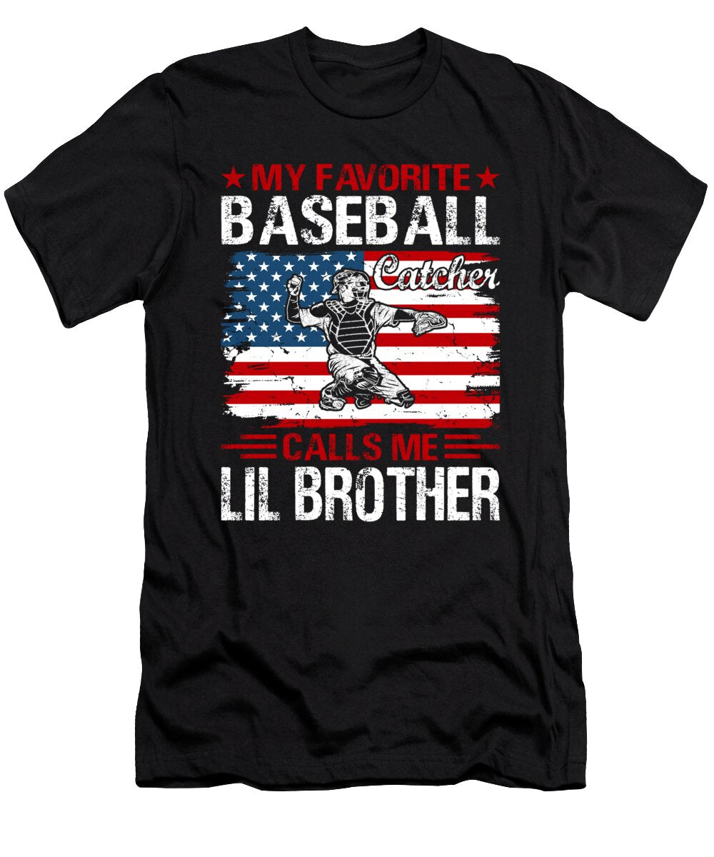 My Favorite Baseball Catcher Calls Me Lil Brother Baseball USA Flag Dhbubble T-Shirt