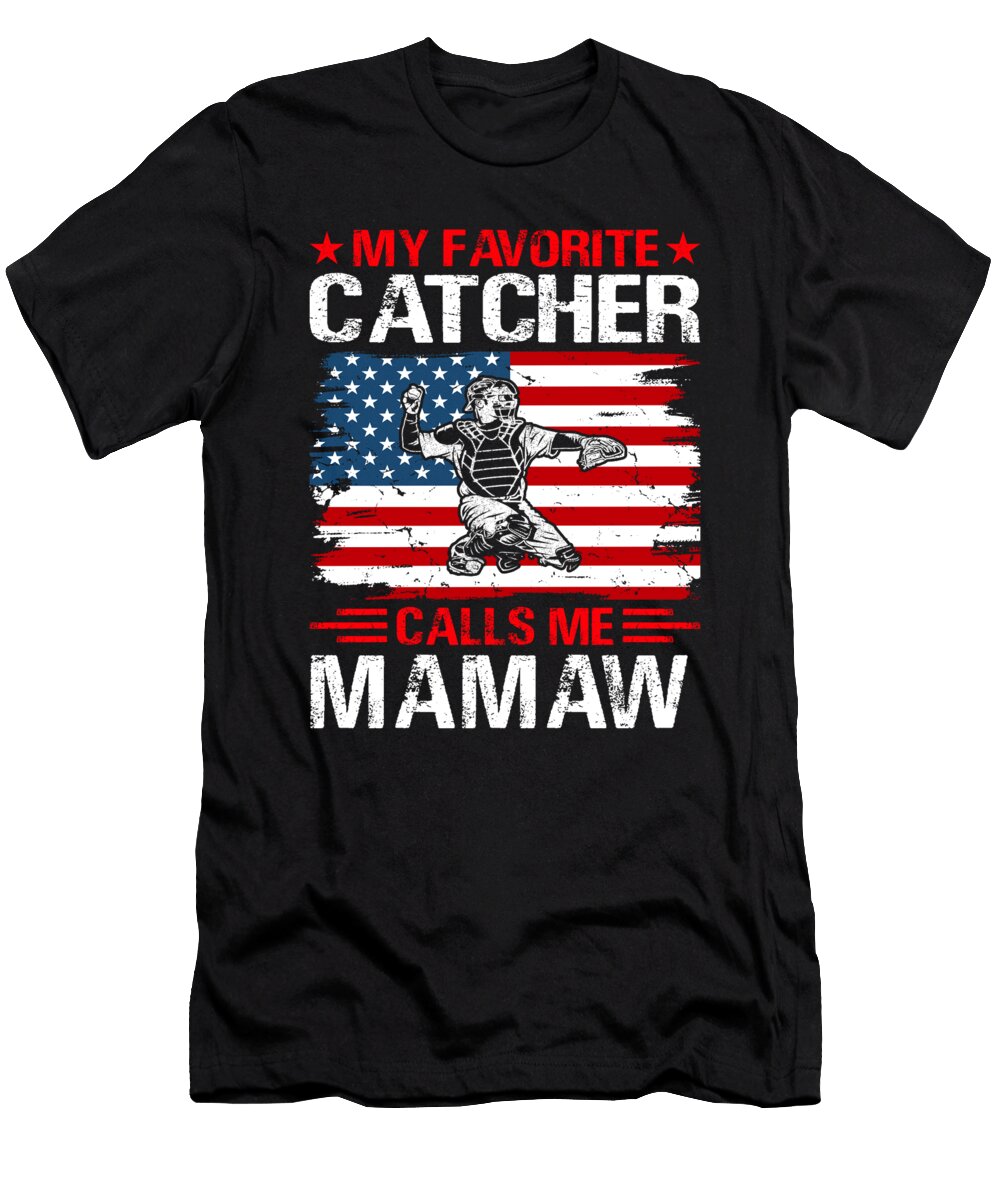 My Favorite Catcher Calls Me Mamaw Baseball USA Flag Dhbubble T-Shirt