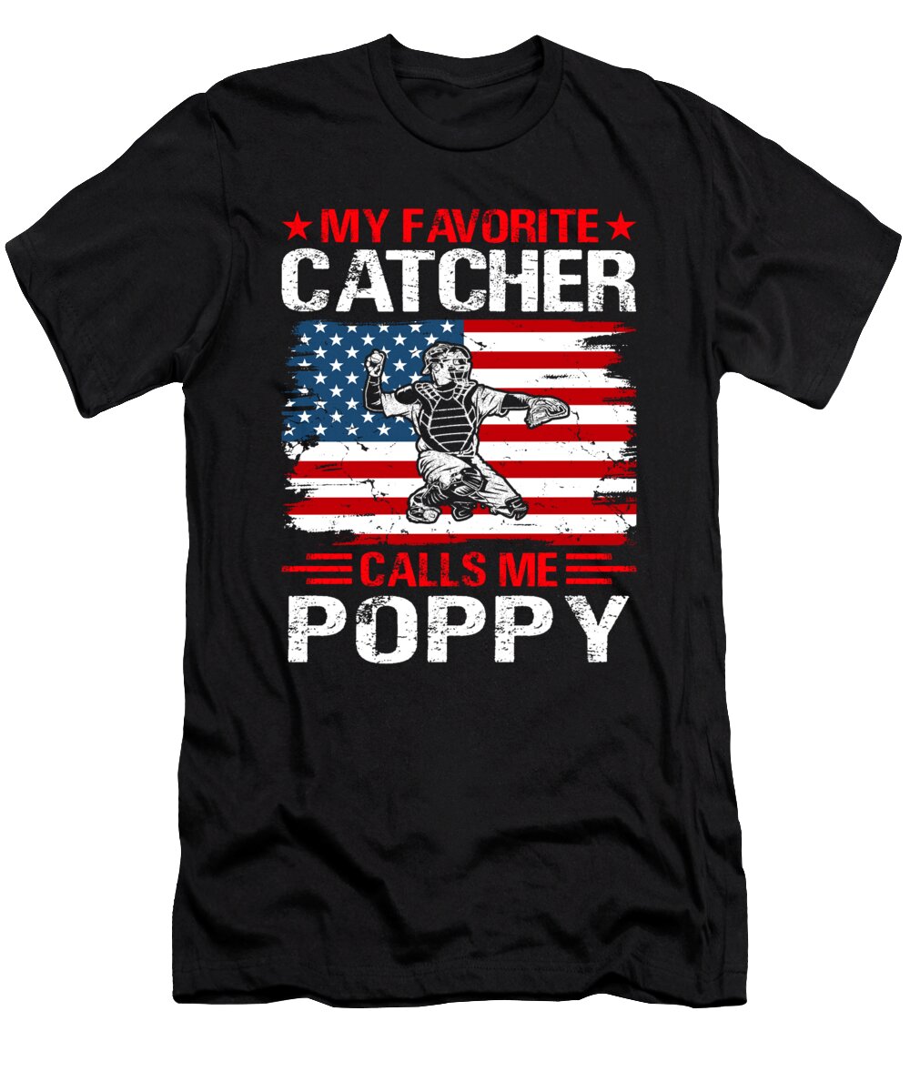 My Favorite Catcher Calls Me Poppy Baseball USA Flag Dhbubble T-Shirt