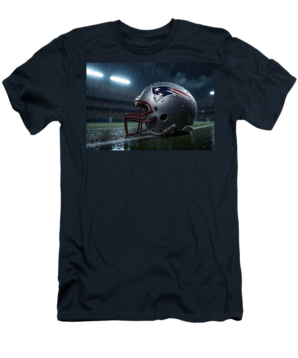 New England Patriots Helmet in Rain on Field Kevin Walker and Pixel Reverie T-Shirt