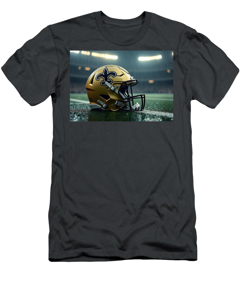 New Orleans Saints Helmet on Rainy Field Kevin Walker and Pixel Reverie T-Shirt