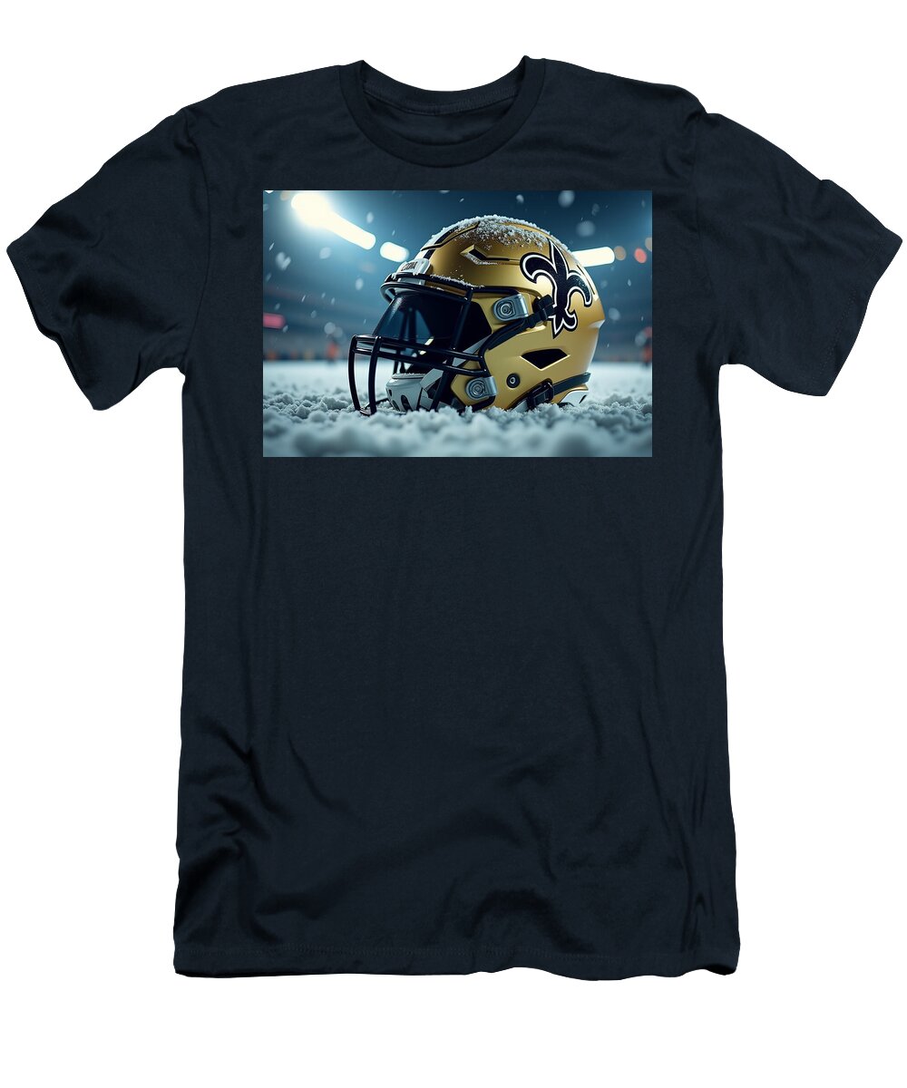 New Orleans Saints Snow Covered Football Helmet on Field Kevin Walker and Pixel Reverie T-Shirt