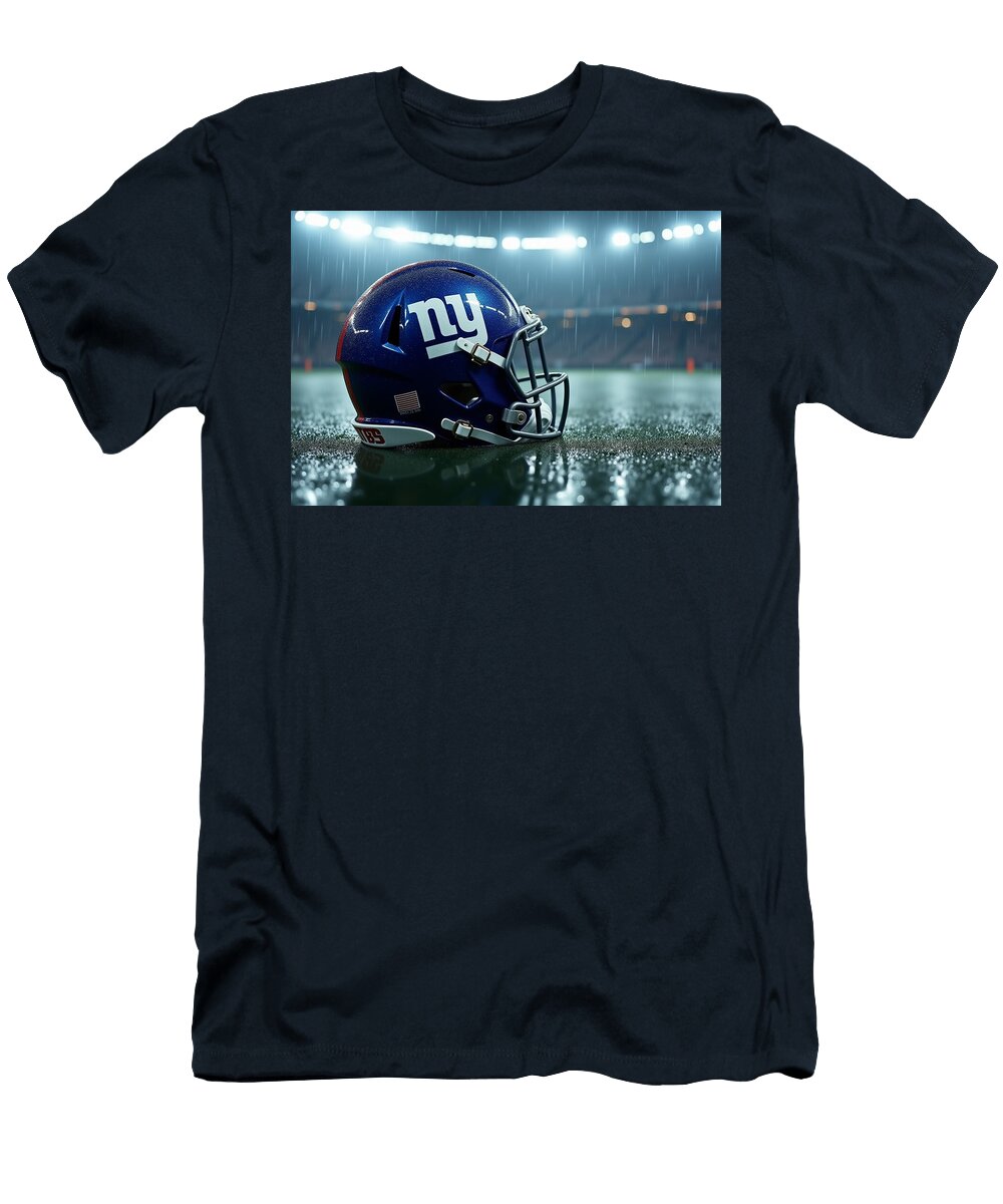New York Giants Helmet on Wet Field Kevin Walker and Pixel Reverie T-Shirt