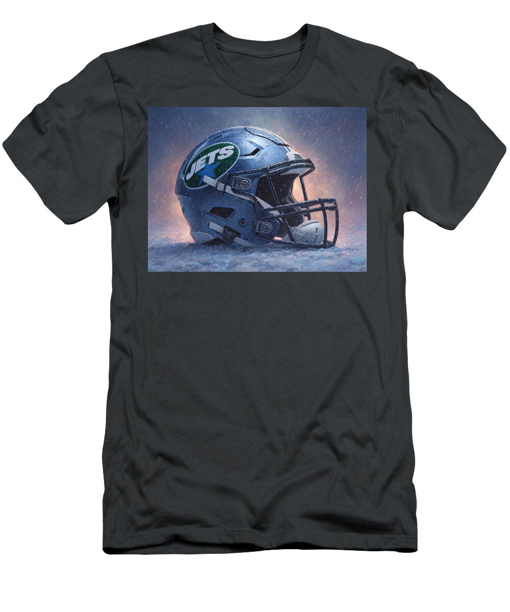 New York Jets Football Helmet in Snowfall Kevin Walker and Pixel Reverie T-Shirt