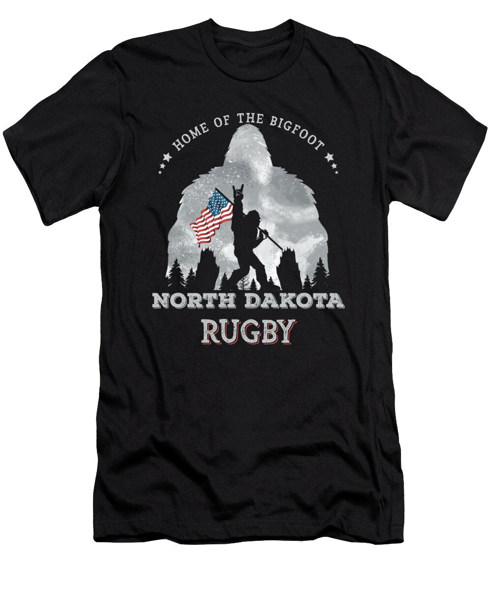North Dakota Rugby Funny Bigfoot American Flag in the Forest Sasquatch Elsayed Atta T-Shirt