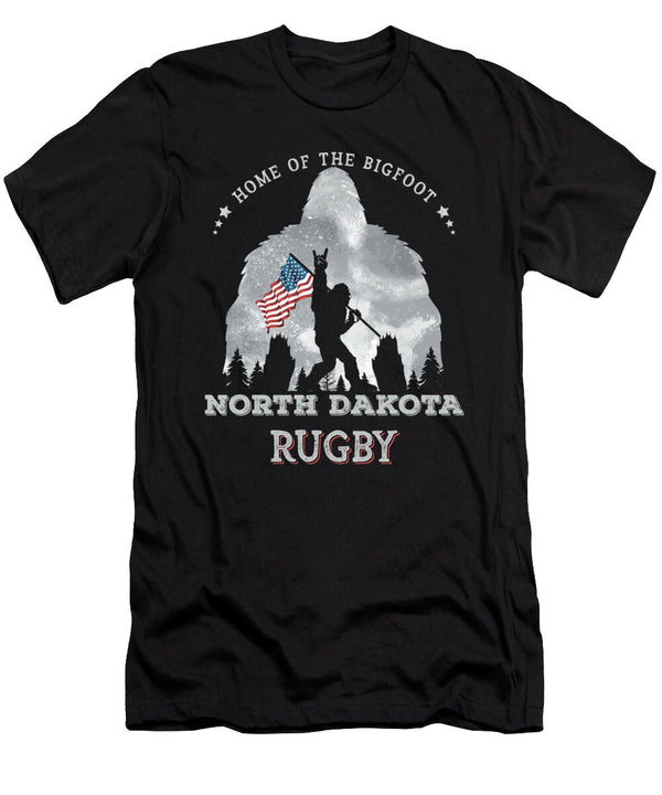 North Dakota Rugby Funny Bigfoot American Flag in the Forest Sasquatch Elsayed Atta T-Shirt