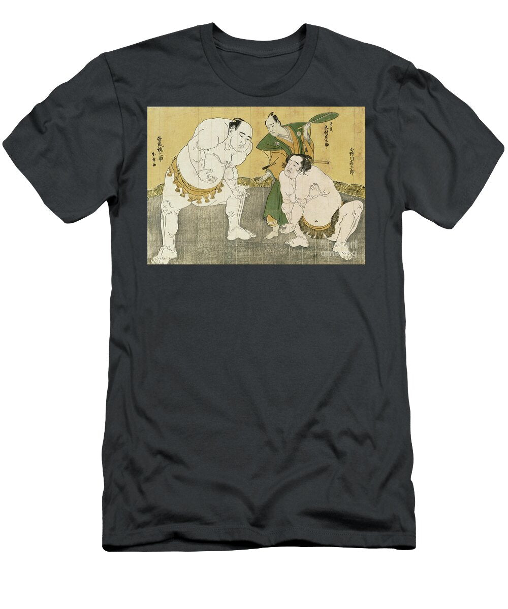 Onagawa Kisaburo and Tanikaze Kajinosuke Performing the Shiriki in the Dohyo Refereed By Kimura Shonosuke Katsukawa Shunsho T-Shirt