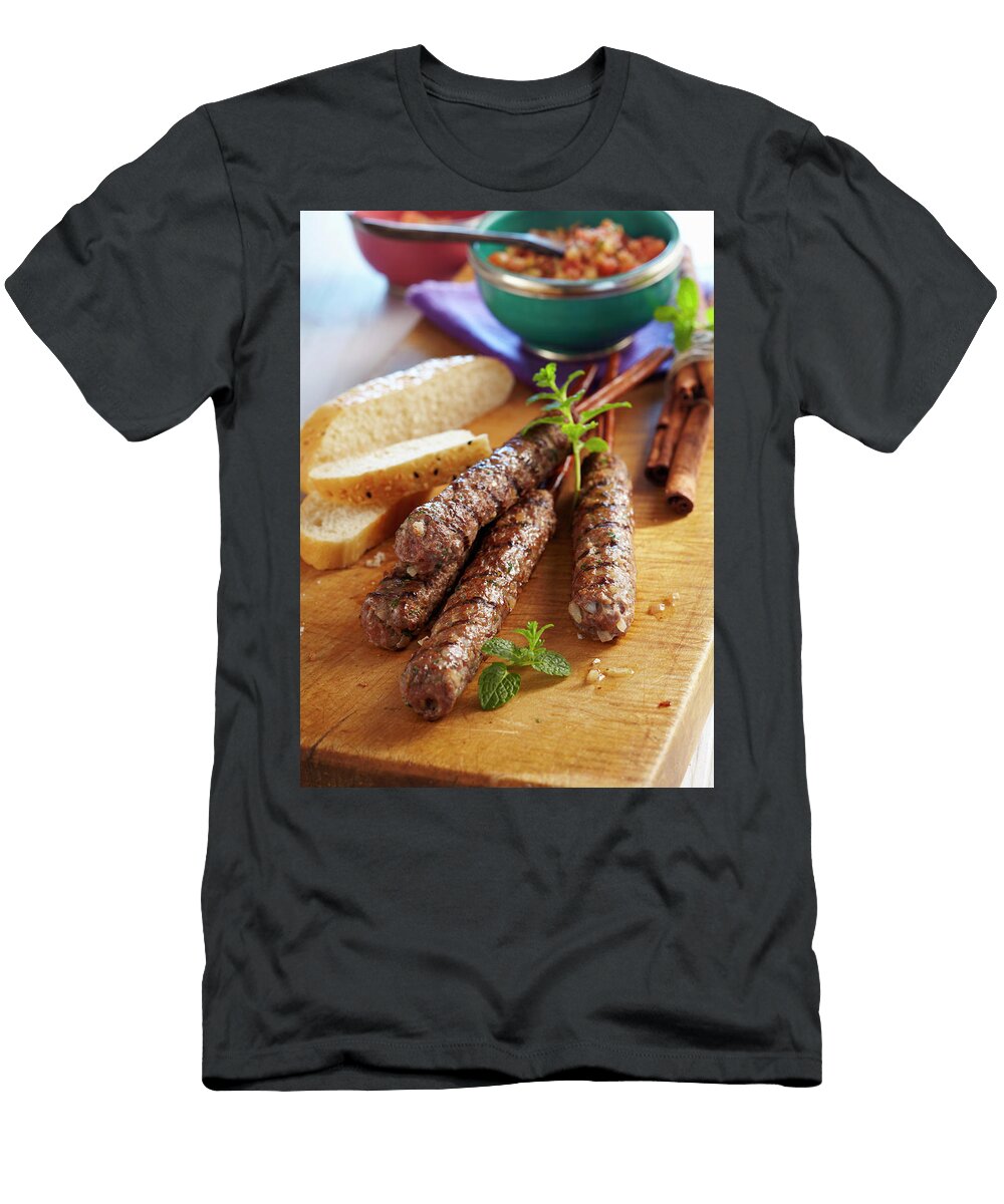 Oriental Grilled Minced Meat Kebabs with Cinnamon a Spicy Tomato Salad and Unleavened Bread Teubner Foodfoto T-Shirt