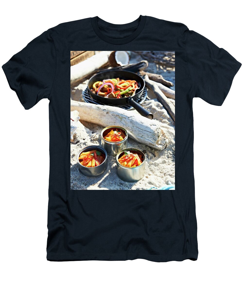 Penne Pasta with Chilli and Chicken with Pepper for a Caribbean Picnic on a Beach Hannah Kompanik T-Shirt