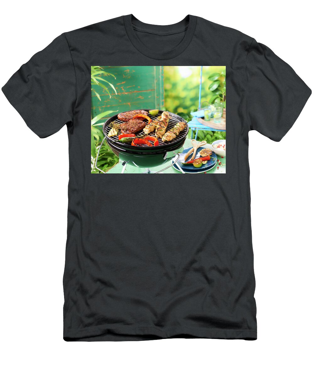 Pepper Steaks and Chicken Kebabs on a Grill Jan Peter Westermann T-Shirt