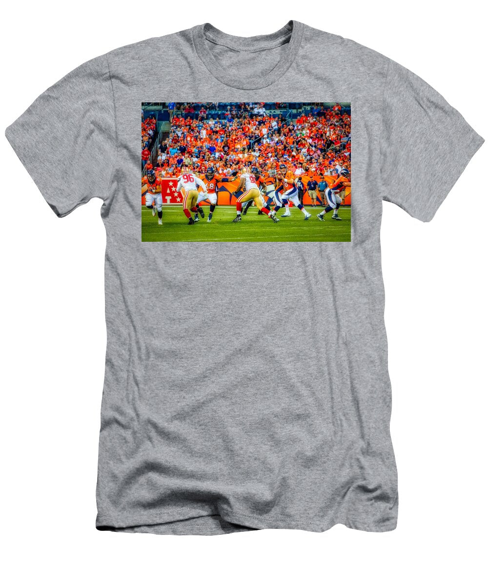 Peyton Manning Dropping Back to Pass Mountain Dreams T-Shirt