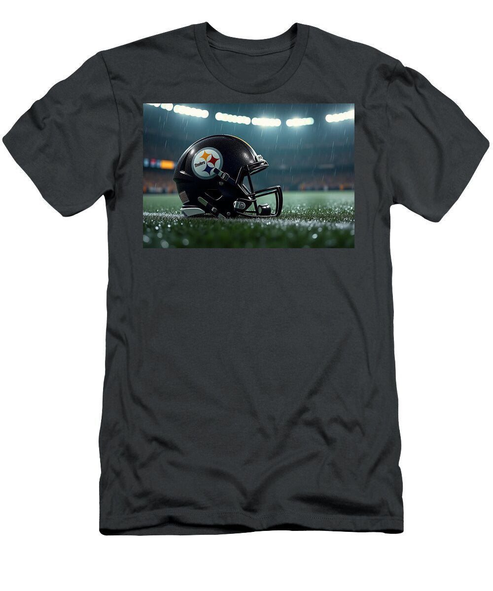 Pittsburgh Steelers Helmet in Rain Kevin Walker and Pixel Reverie T-Shirt