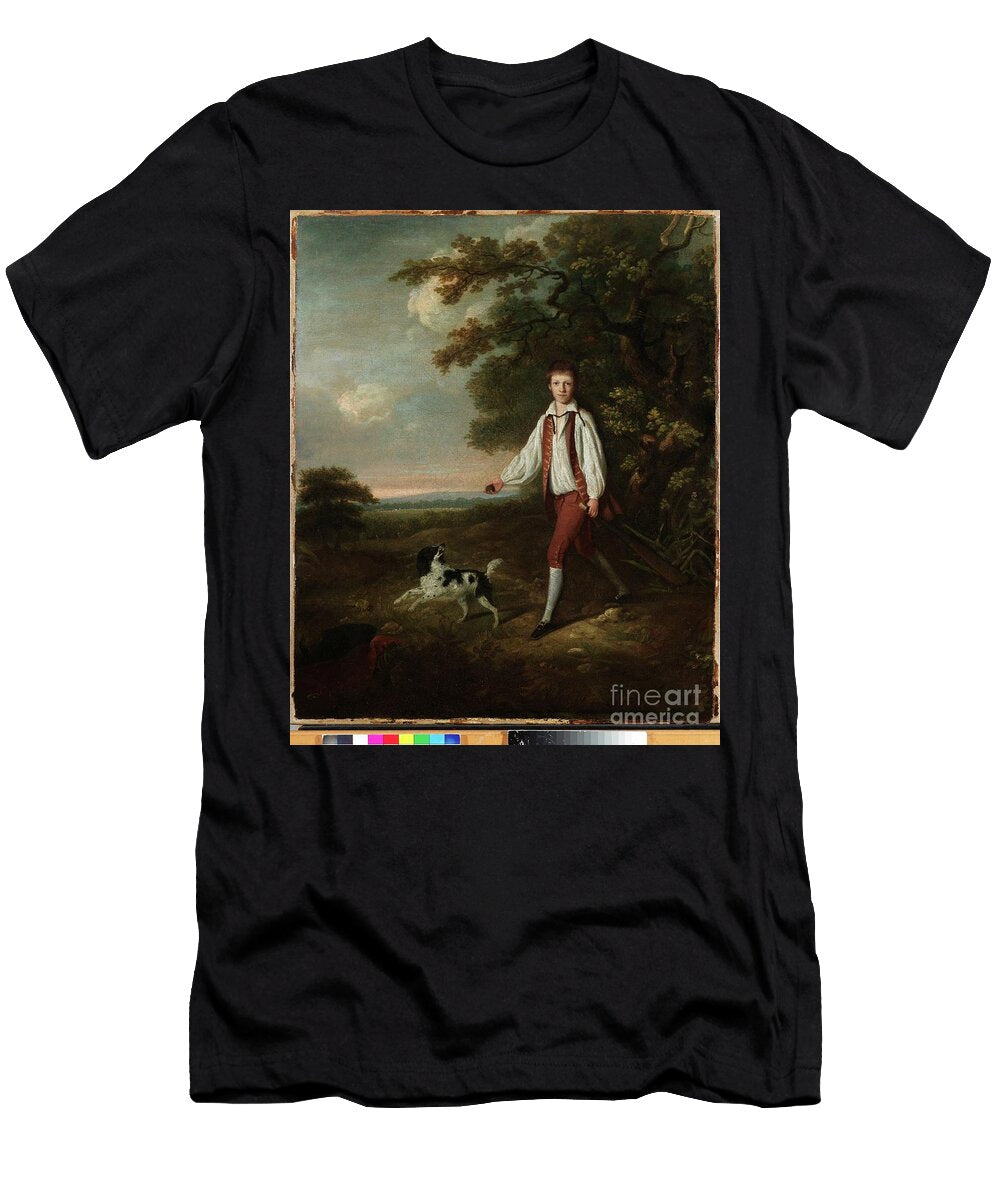 Portrait of a Youth Holding a Cricket Bat and Ball with His Pet Black and White Springer Spaniel in a Clearing By a Wooded Landscape Hugh Barron T-Shirt