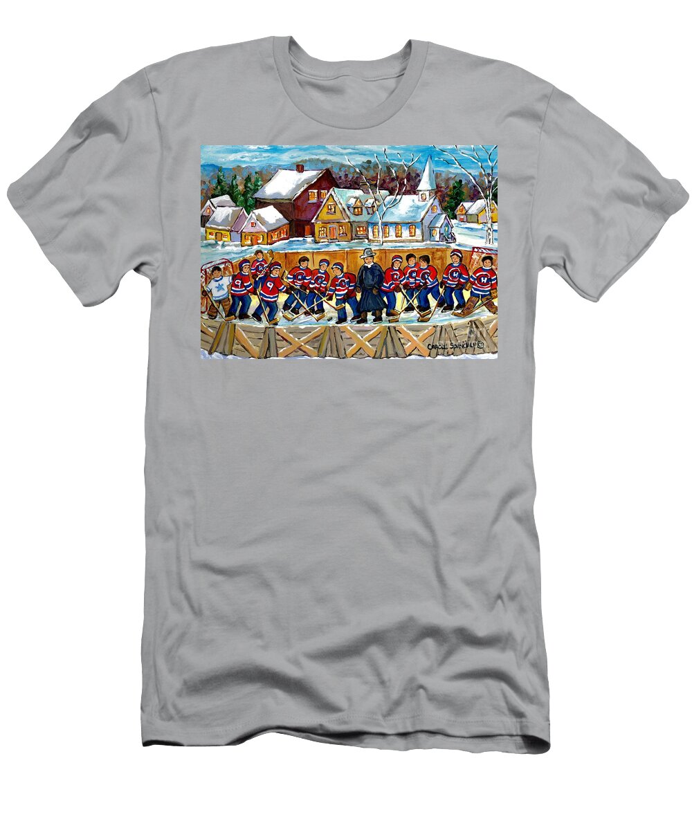 Quebec Village Country Scene Hockey Rink Painting Montreal Canadiens Rink Hockey Game C Spandau Art Carole Spandau T-Shirt