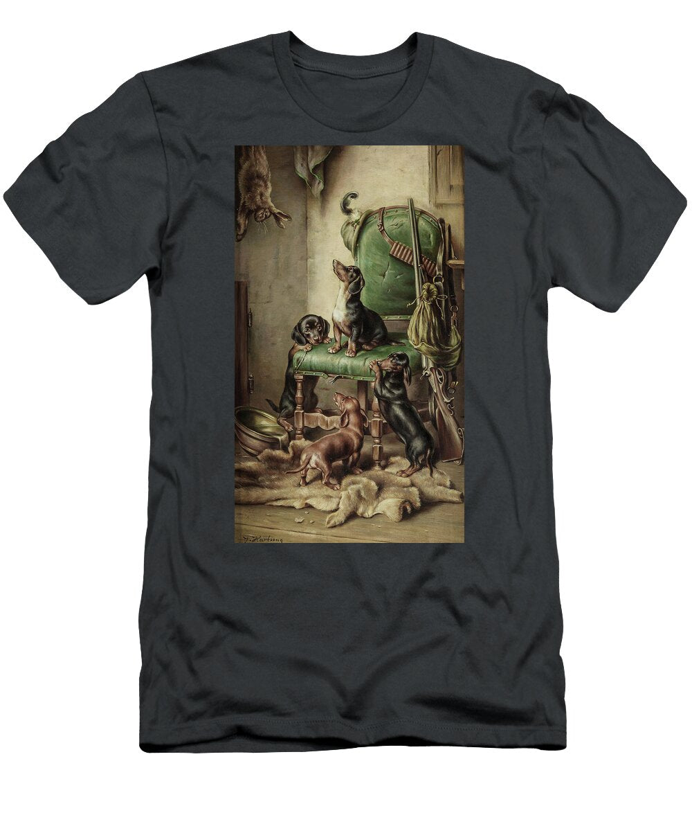 Rabbit and Four Dachshunds Carl Reichert T-Shirt