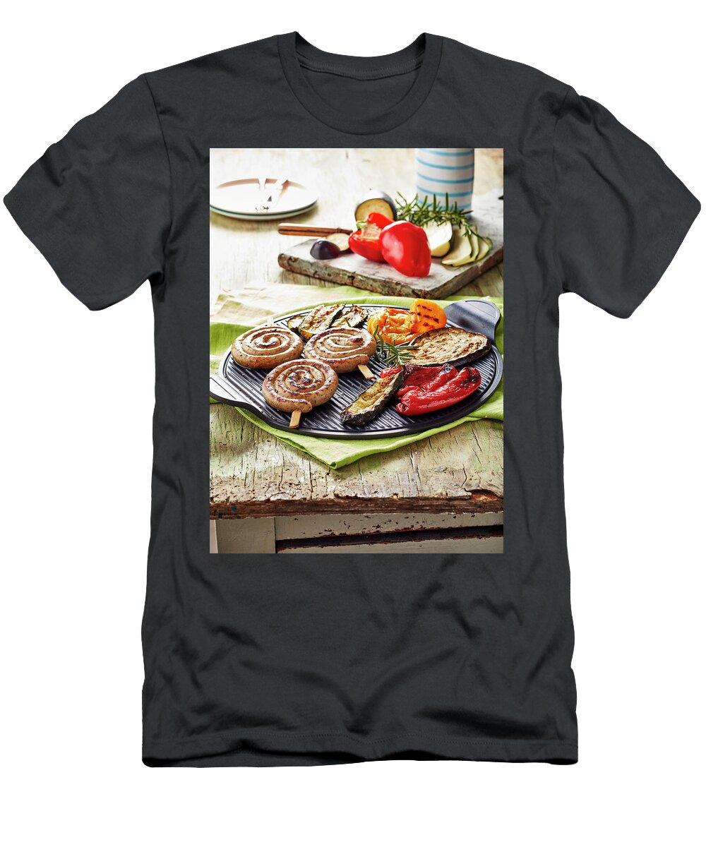 Rolled Sausages on a Knife and Vegetables a LA Plancha Aubergine Studio T-Shirt
