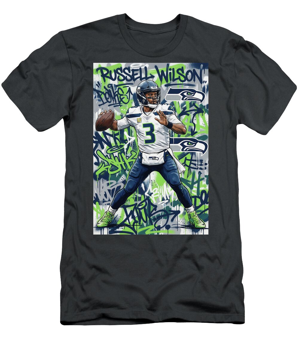 Russell Wilson Quarterback Action Graffiti Poster Football Player NFL Sampadart Gallery T-Shirt