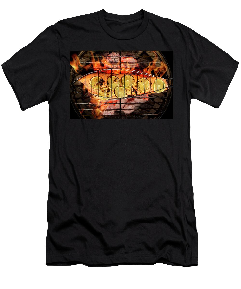 Salmon Fillet with Lime Slices in a Fish Grilling Basket Over a Charcoal Grill Petr Gross T-Shirt