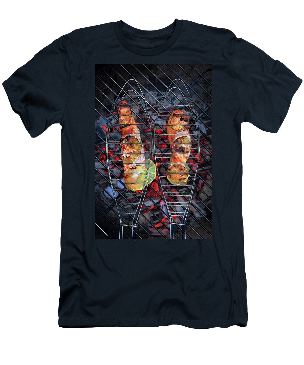 Salmon Steaks in Fish Grills Over a Fire Top View Petr Gross T-Shirt