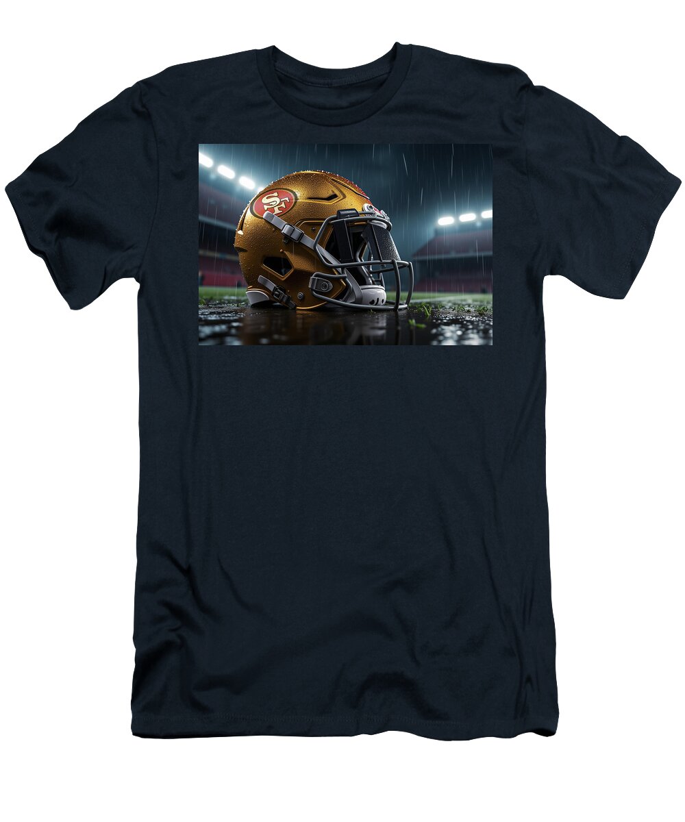 San Francisco 49ers Football Helmet in the Rain Kevin Walker and Pixel Reverie T-Shirt