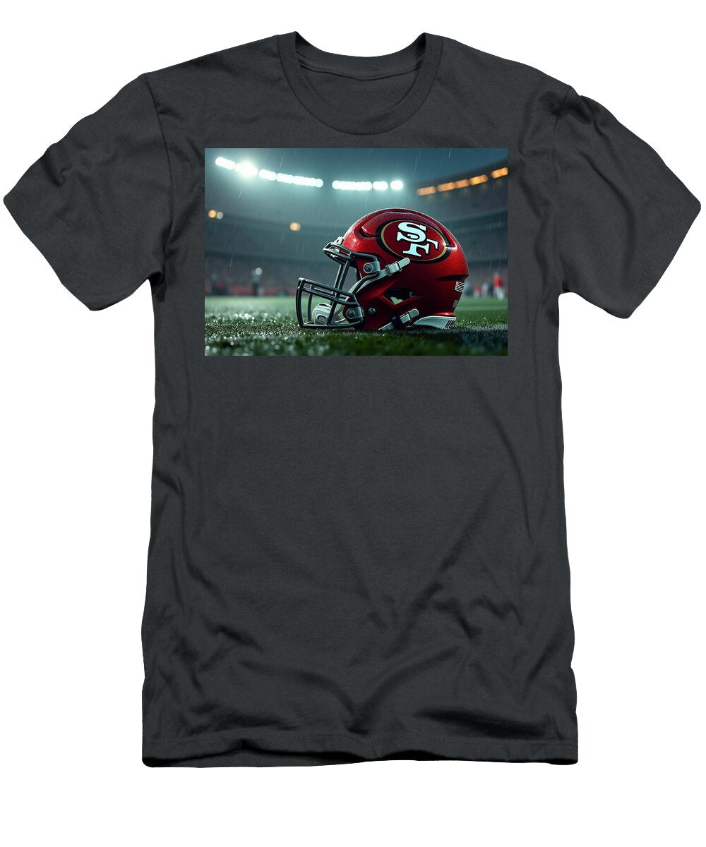 San Francisco 49ers Helmet on Field Kevin Walker and Pixel Reverie T-Shirt
