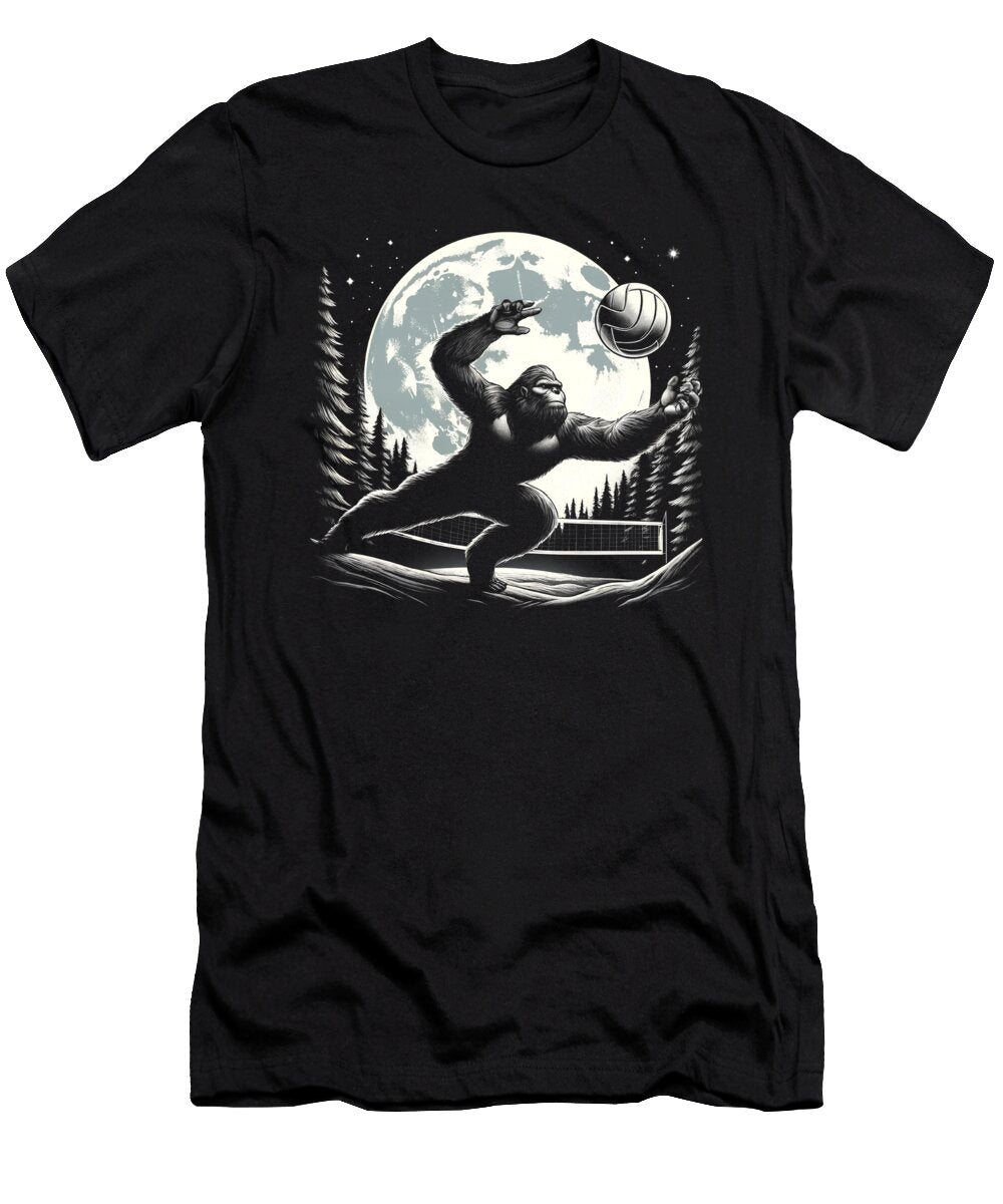 Sasquatch Bigfoot Playing Volleyball on Full Moon Volleyball Player Job T-Shirt