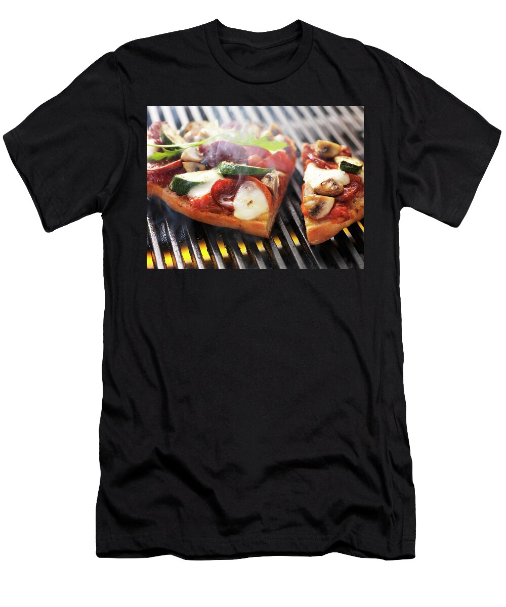 Sausage Vegetable and Mozzarella Pizza Cooked on the Barbecue Eising Studio Food Photo Video T-Shirt